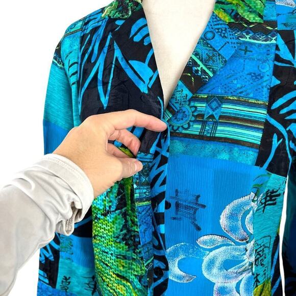 Chico's Oriental Art-to-Wear Patchwork Silk Linen Blazer Jacket Turquoise SZ 4 - Picture 13 of 15
